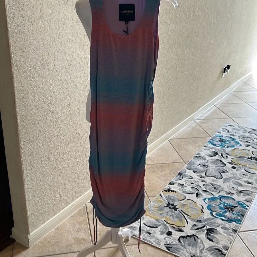 Le Superbe Womens Medium Baccara Metallic Tank Dress Blue Purple Striped NWT
